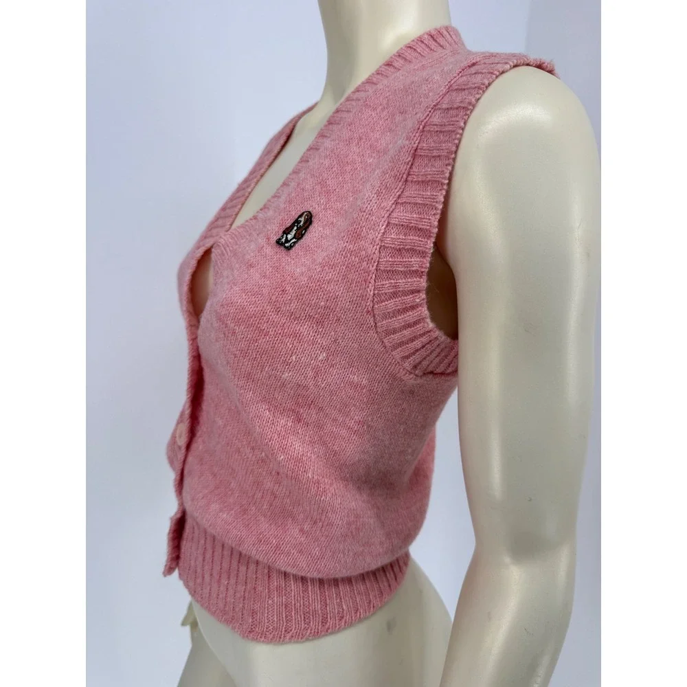 Hush Puppies Pink‎ Knit Button Up Sweater Vest Basset Hound Dog Patch Cardigan